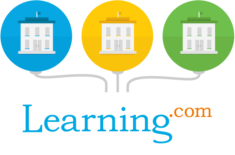 Multiple buildings, each in their own bubble, with paths leading to Learning.com.