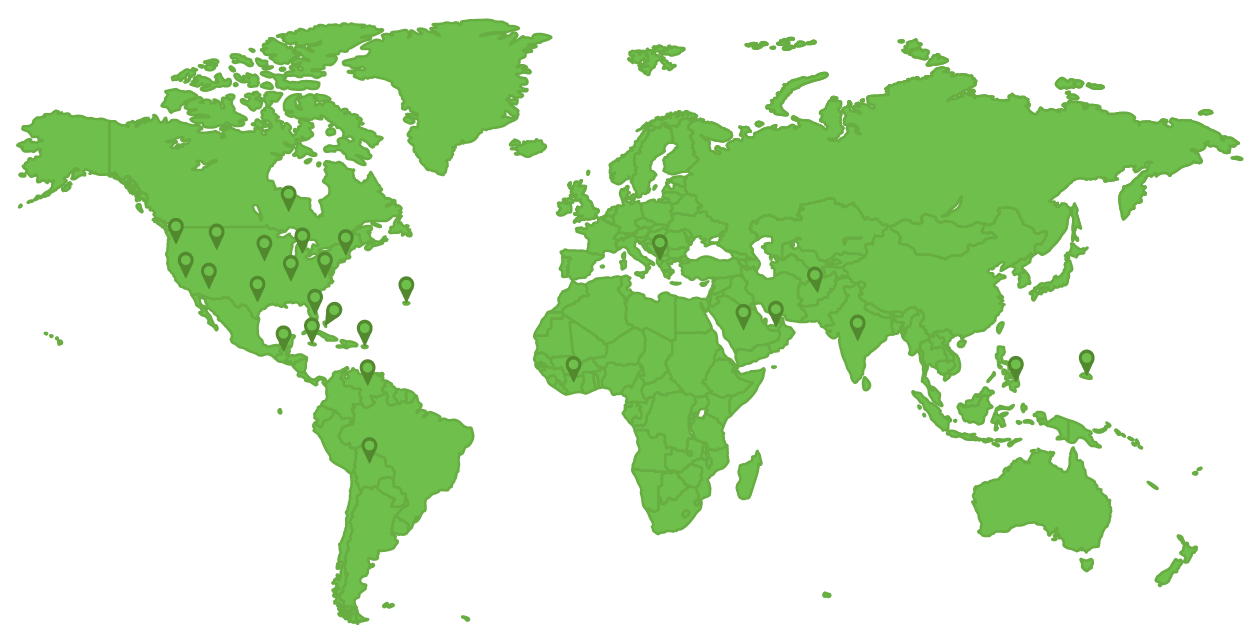 A map of the world, with pins placed throughout