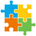A set of four puzzle pieces fitting together to form a solid block