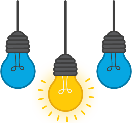 A series of 3 lightbulbs, with one in the center lit and radiating light