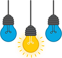 A series of three lightbulbs, with the one in the center lit and radiating light
