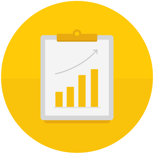A clipboard with a sheet of paper displaying a bar with a rising increase, overlaid on a yellow background