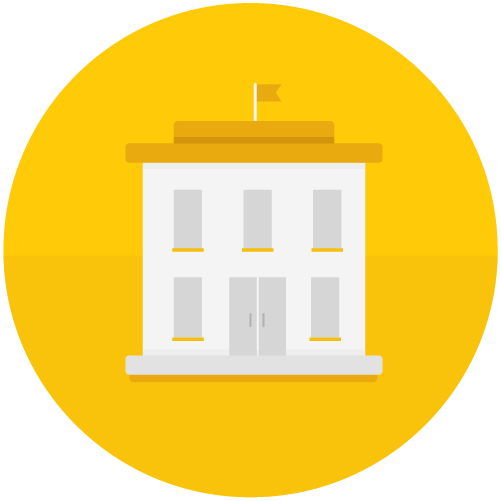 A school building, overlaid on a yellow background