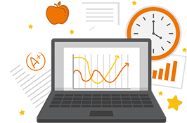 A laptop computer with an upward rising graph on-screen, surrounded by various documents and graded quizzes, charts, a clock, an apple, and stars.
