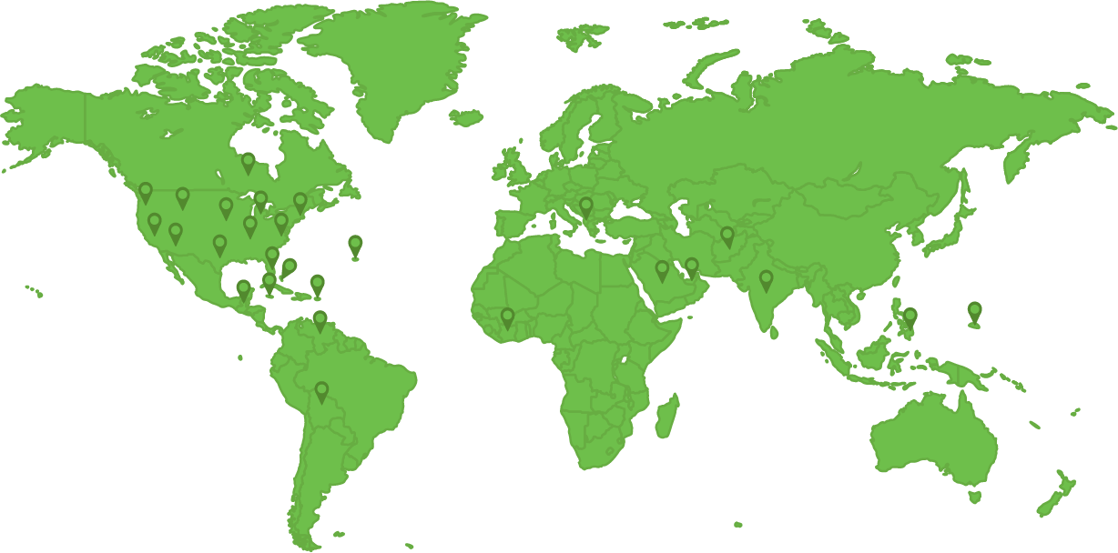 A map of the world, with pins placed throughout