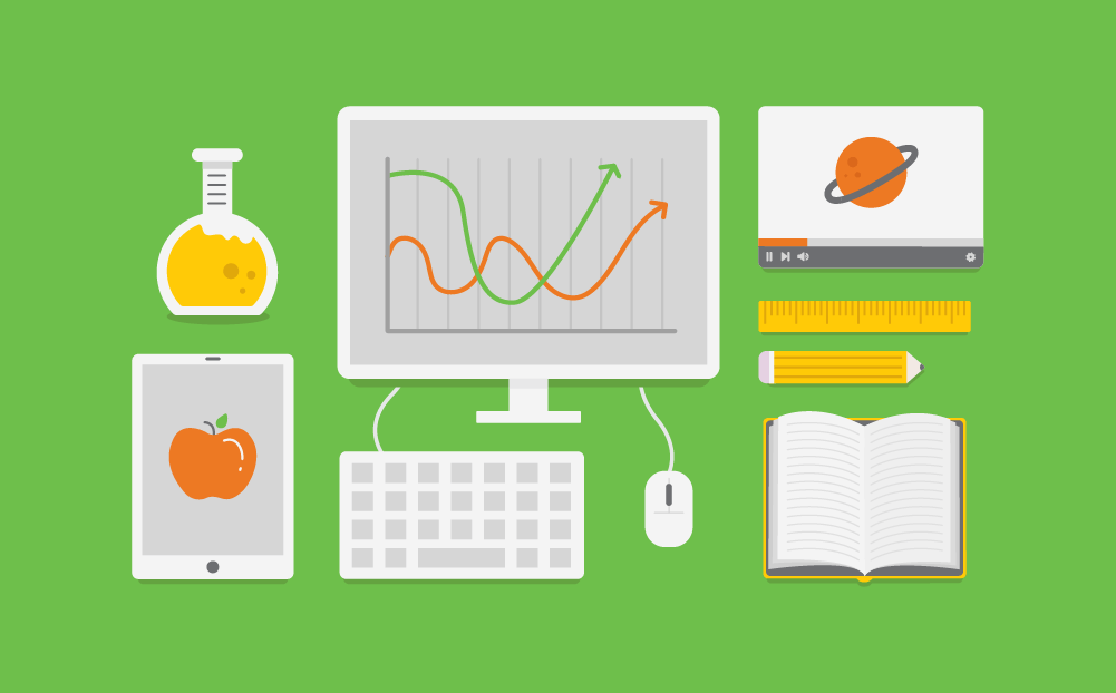 An assorted group of items consisting of a desktop computer, digital tablet, beaker of liquid, video, ruler, pencil, and a book.