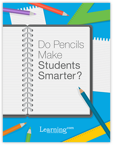 The cover of the "Do pencils make students smarter?" white-paper, showing a notebook, sheets of paper, pencils, and various geometry tools.
