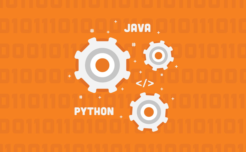A series of gears overlaid on an orange background with bits of computer code interspersed