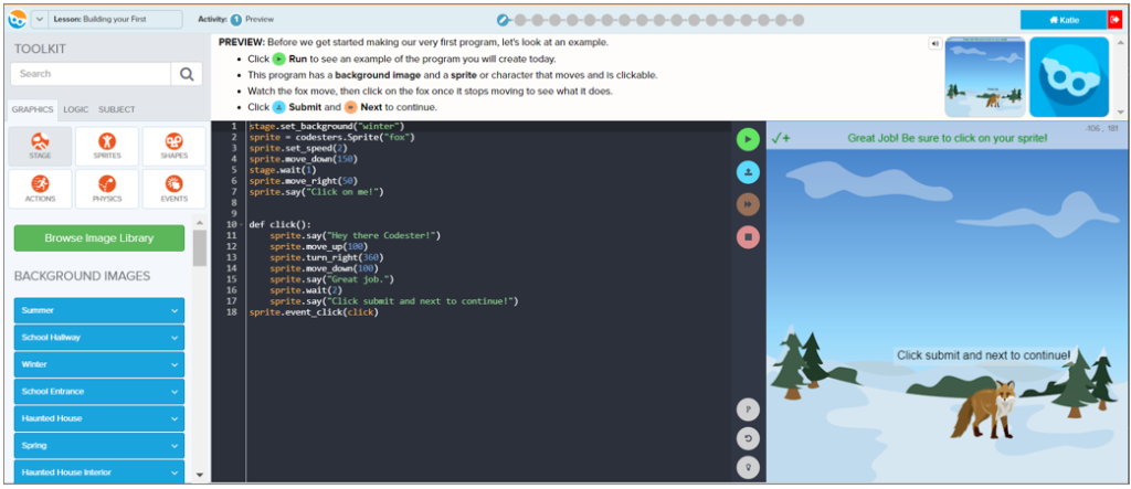 Screenshot of Codesters challenge, Building Your First Program