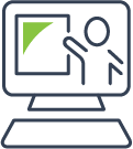 Icon representing virtual learning with teacher on screen pointing at whiteboard