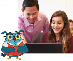Teacher and student smiling at computer with scholastic owl in the foreground