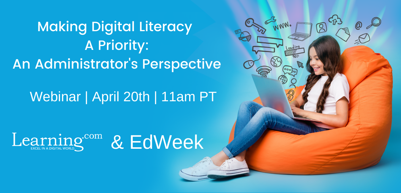 Webinar - EdWeek 4-20-2021 Girl on beanbag in front of computer with tech icons surrounding her and a heading with event information