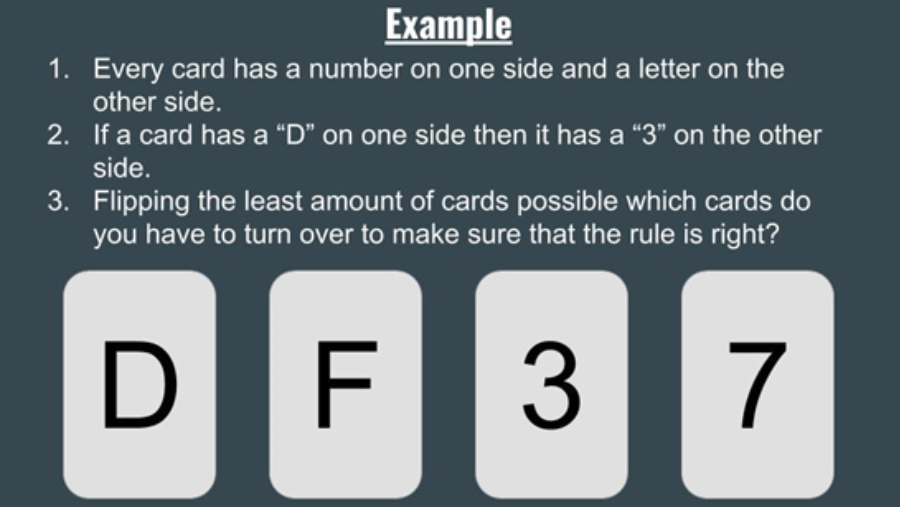 Confirmation bias exercise with four cards with D, F, 3 and 7 respectively. The instructions say “Every card has a number on one side and a letter on the other side. If a card has a “D” on one side then it has a “3” on the other side. Flipping the least amount of cards possible, which cards do you have to turn over to make sure the rule is right?”