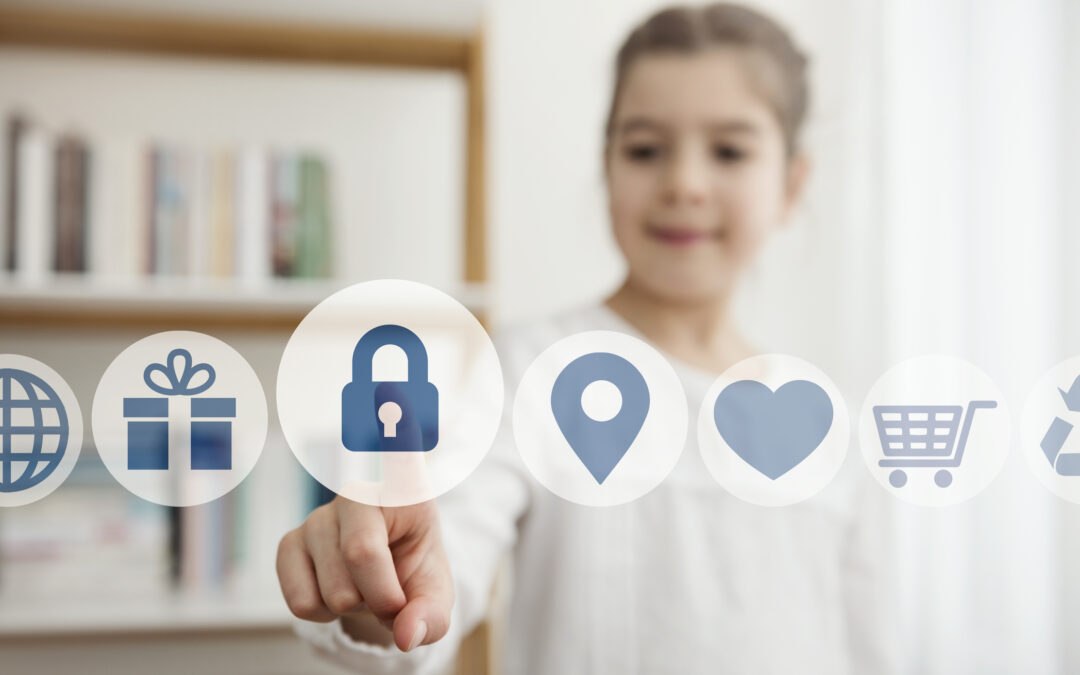 Girl standing in front of virtual screen touching the online safety icon out of a choice with other common icons