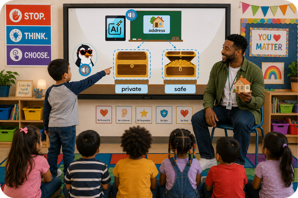 Male teacher sharing smartboard lesson on what is private and what is safe to share.