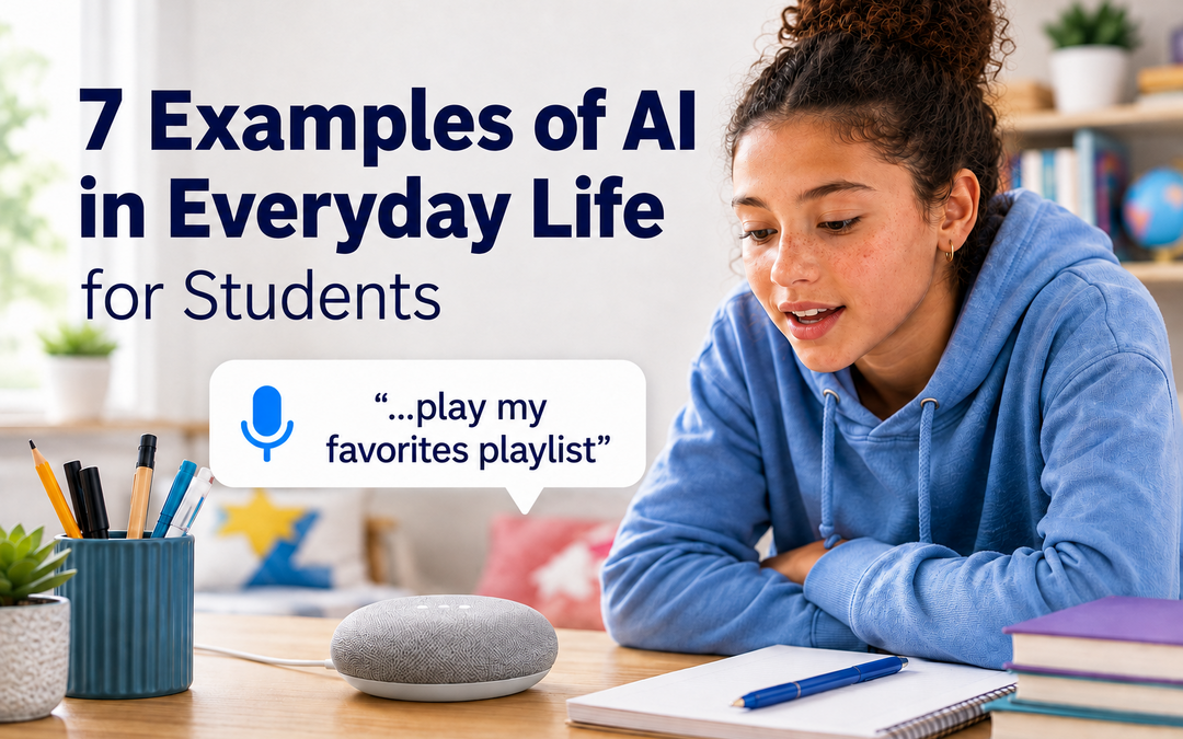 Student asks a smart speaker to play her favorites playlist, illustrating how students encounter AI in everyday life.