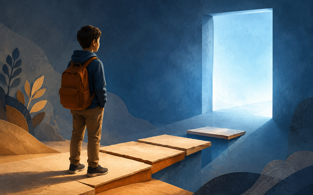 Student standing before stepping stones leading to a bright doorway, representing AI readiness in schools