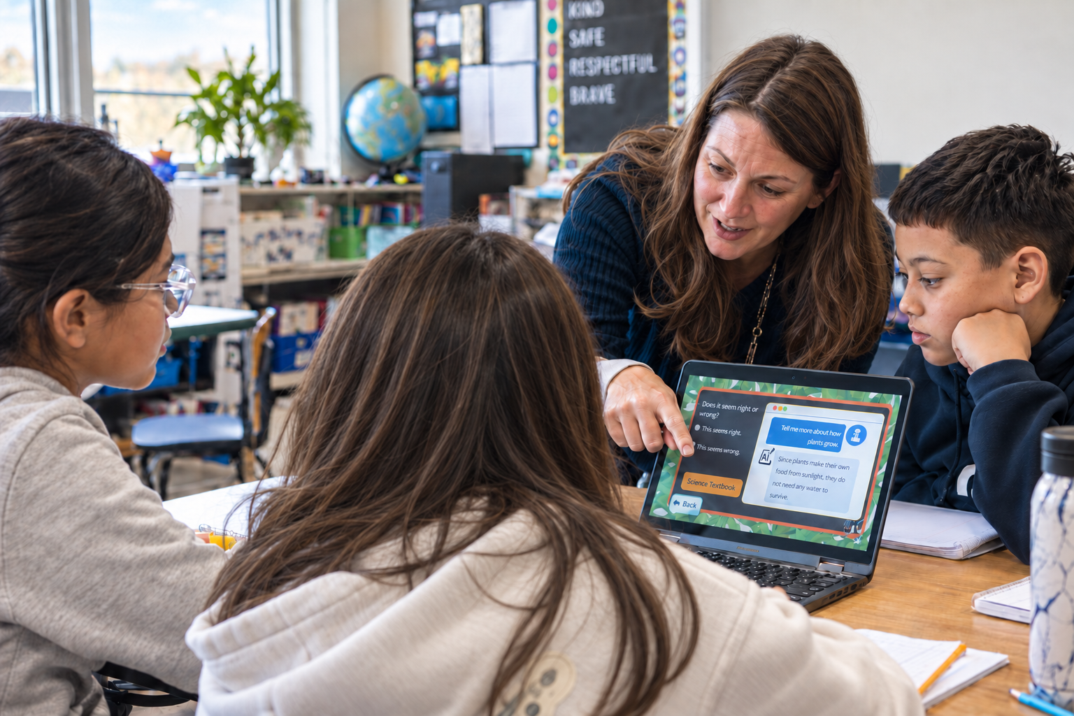 Teacher helping elementary students evaluate whether online information can be trusted