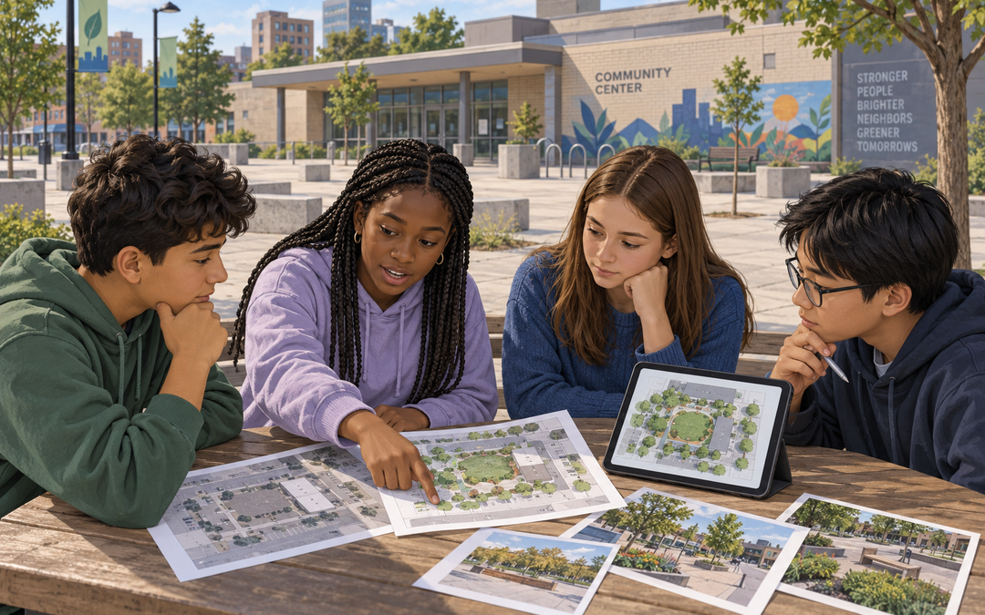 Four students practice critical thinking by comparing plans for adding green space to a community center.